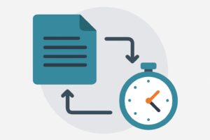 Illustration af dokument og stopur forbundet med pile – symbol på hurtig databehandling og rettidig rapportering