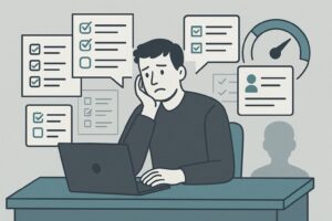 Illustration: Træt medarbejder ved skrivebordet omgivet af spørgeskemaer og tjeklister – symbol på overmåling og survey fatigue i arbejdslivet.