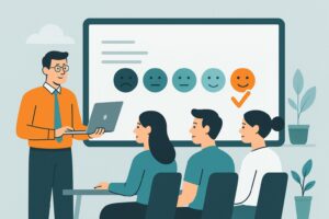 Illustration af et dashboard med trivselsmålinger, grafer og kalender, symboliserer regelmæssige tjek-ind og medarbejdertilfredshed.