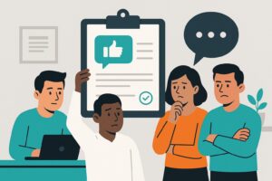 “Fire medarbejdere reagerer forskelligt på feedback uden opfølgning i et kontormiljø”