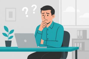Forvirret medarbejder ved skrivebord med spørgsmålstegn over hovedet – illustrerer uklar forventningsafstemning