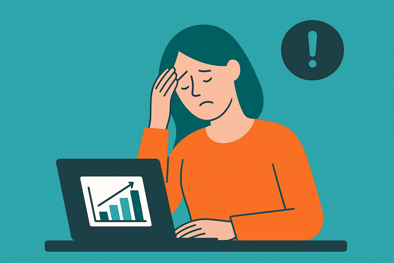 Illustration af stresset medarbejder foran computer med stigende graf – symbol på vigtigheden af løbende trivselsmålinger for at fange stress i tide