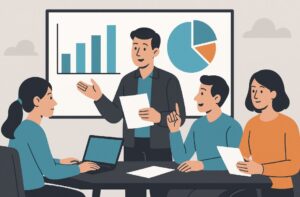 Fire medarbejdere diskuterer data i et mødelokale med graf og diagram i baggrunden – illustrerer organisatorisk transparens og medarbejderinvolvering
