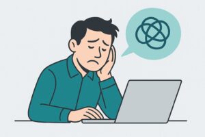 Mand ved computer med en tankeboble med en knude, symboliserer frustration over for mange medarbejderundersøgelser